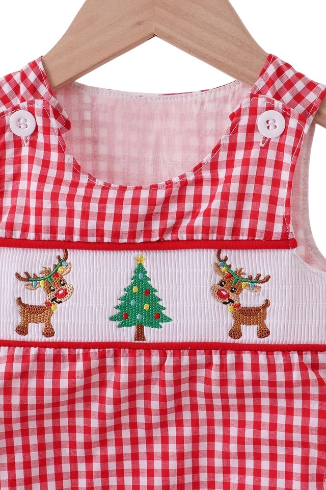 RED WOVEN CHRISTMAS TREE REINDEER SMOCKED JONJON