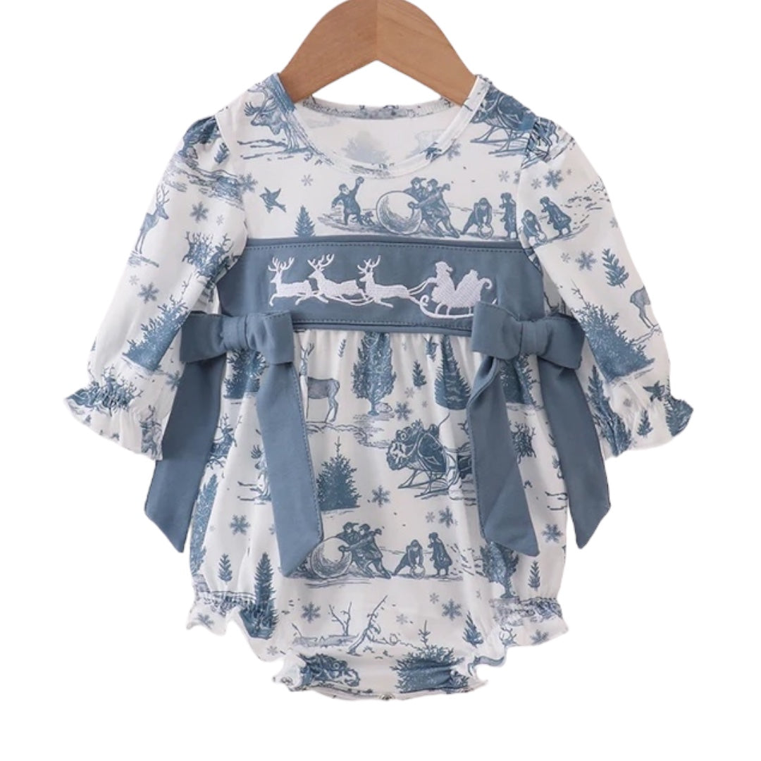 BLUE CHRISTMAS REINDEER EMBROIDERY RUFFLE BUBBLE