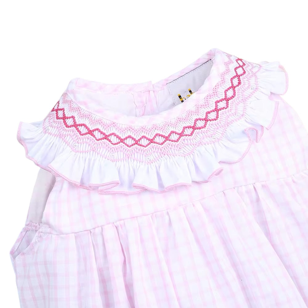 PInk Check Hand Smocked Ruffled Geometric Bubble