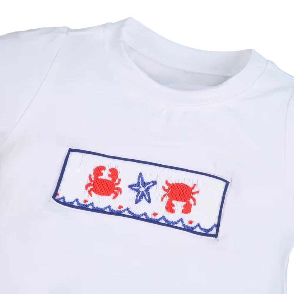 Smock crab and starfish boy short set red and navy