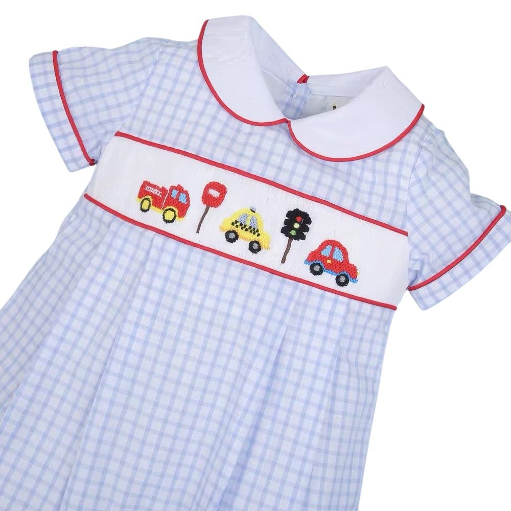 Car & traffic light hand smocked boy bubble