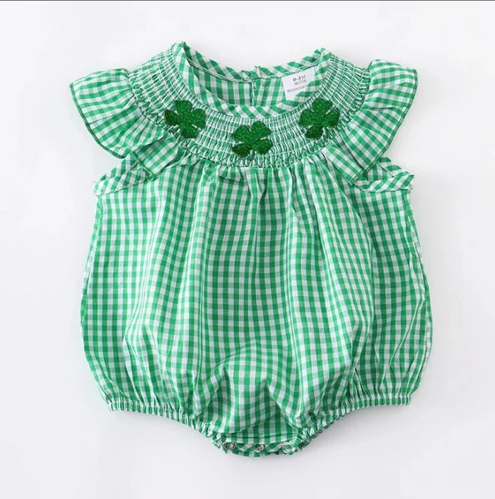 St. Patrick's Day Shamrock Embroidery Smocked Sleeveless Bubble