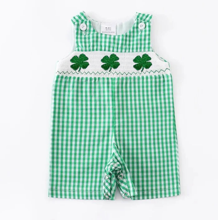 St. Patrick's Day Boys' Shamrock Embroidery Smocked Sleeveless Romper