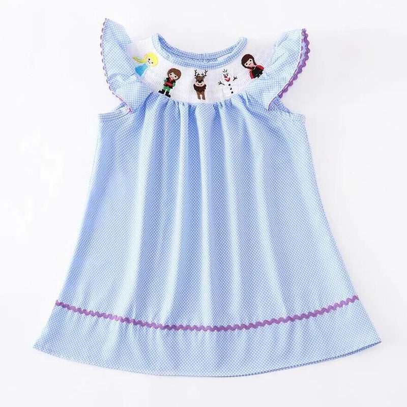 Frozen Embroidered Polka Dot Smocked Dress