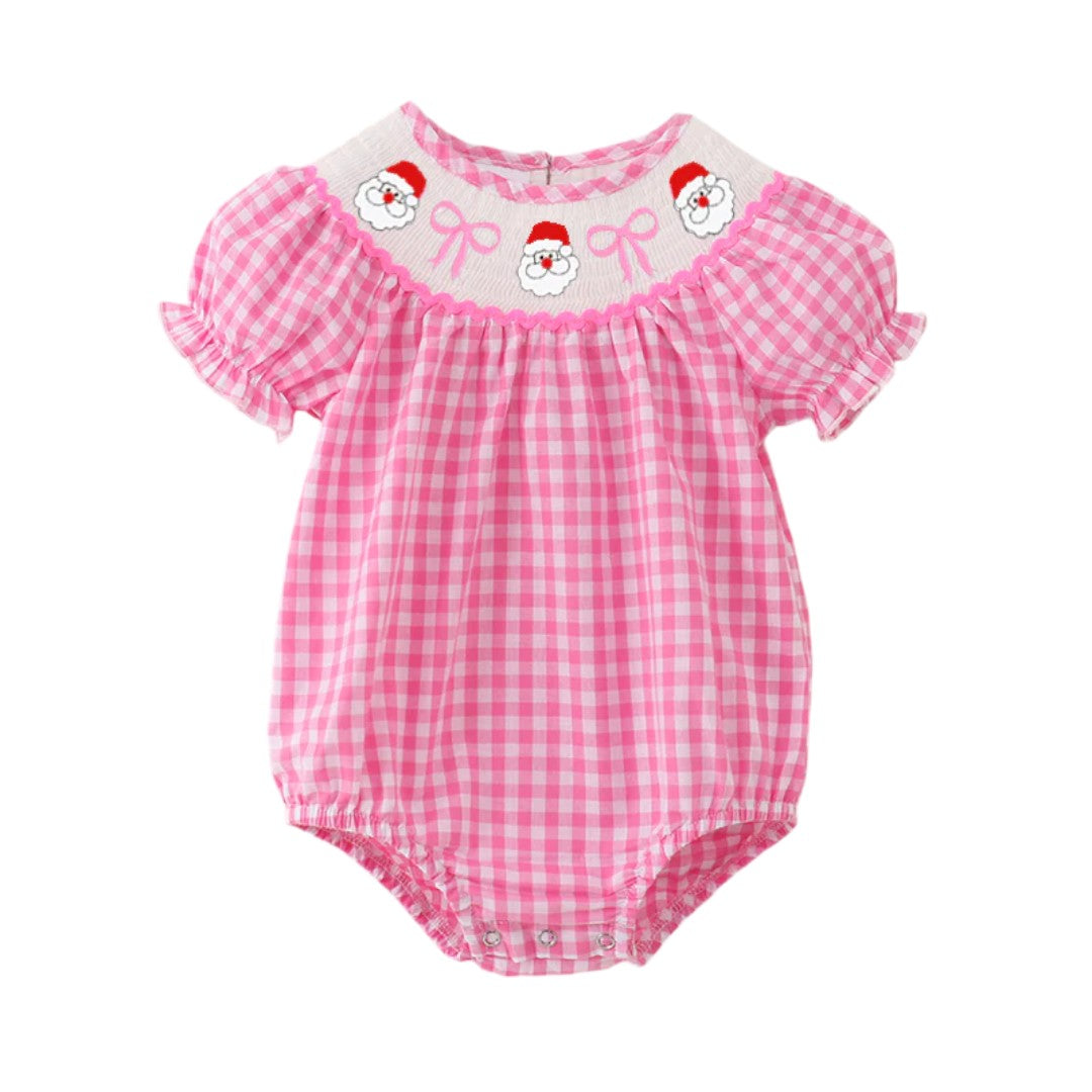 Pink Plaid Smocked Santa Bow Romper