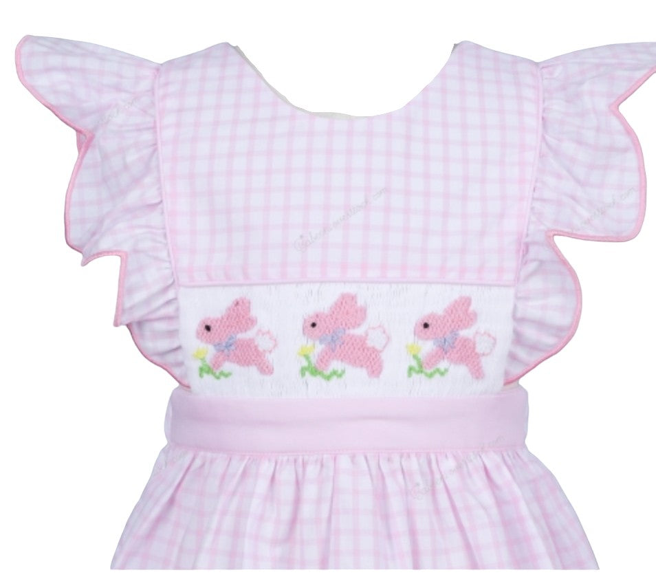 Pink window pane hand smocked bunny dress