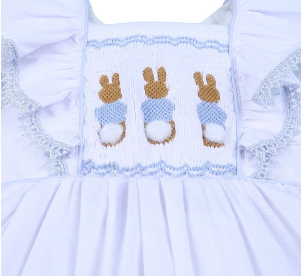White Handscmocked Ruffle Bunny Dress