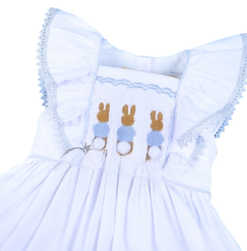 White Handscmocked Ruffle Bunny Dress
