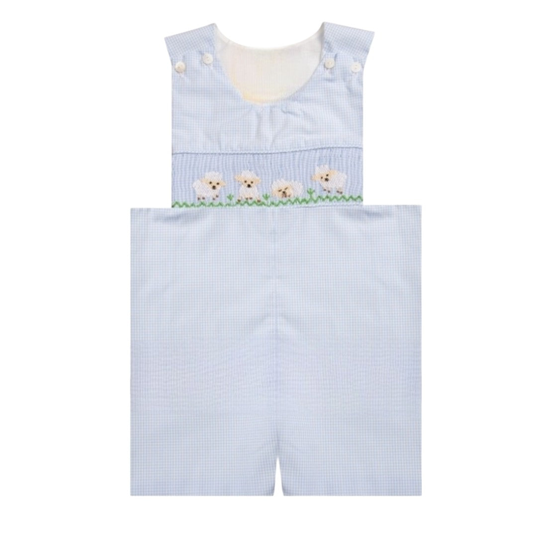 Smocked sheep boy blue gingham shortall -handsmocked