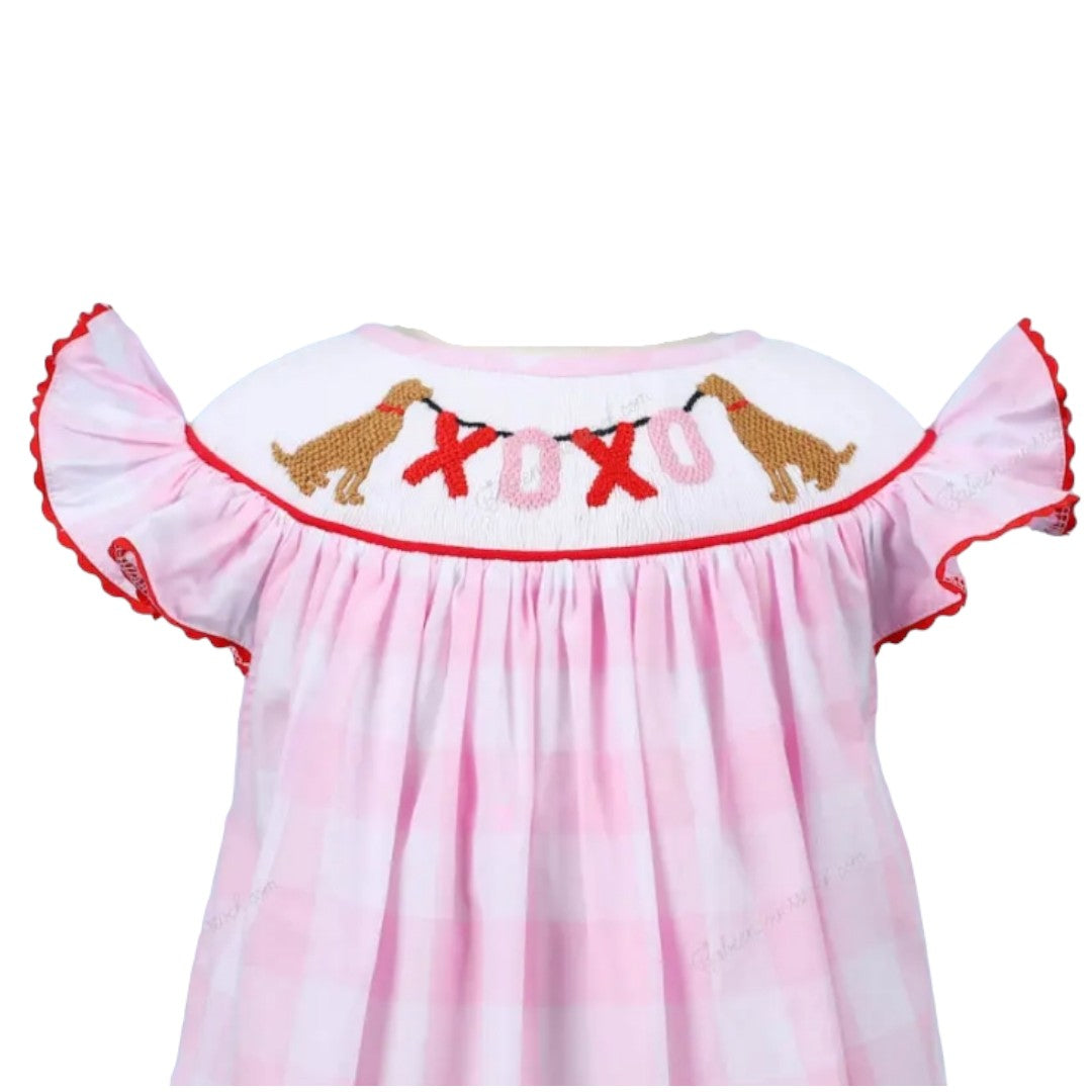 GIRLS SMOCKED DOG XOXO CHECK DRESS-Pink and Red