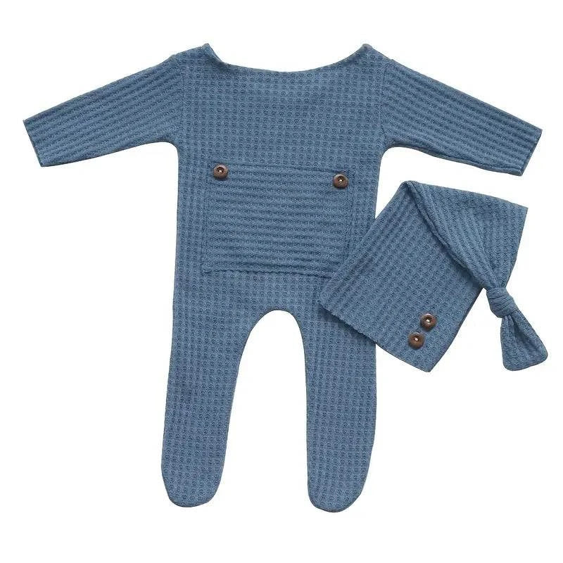 Blue Ribbed Newborn Romper and Hat Set