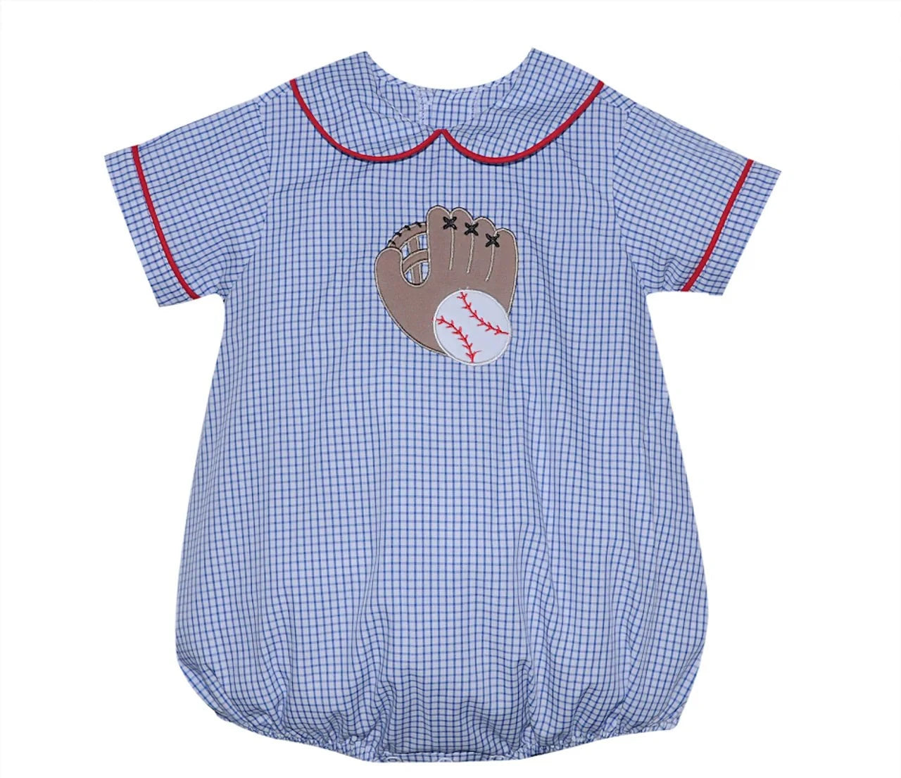 Boys gingham baseball bubble outfit with classic gingham print for active play