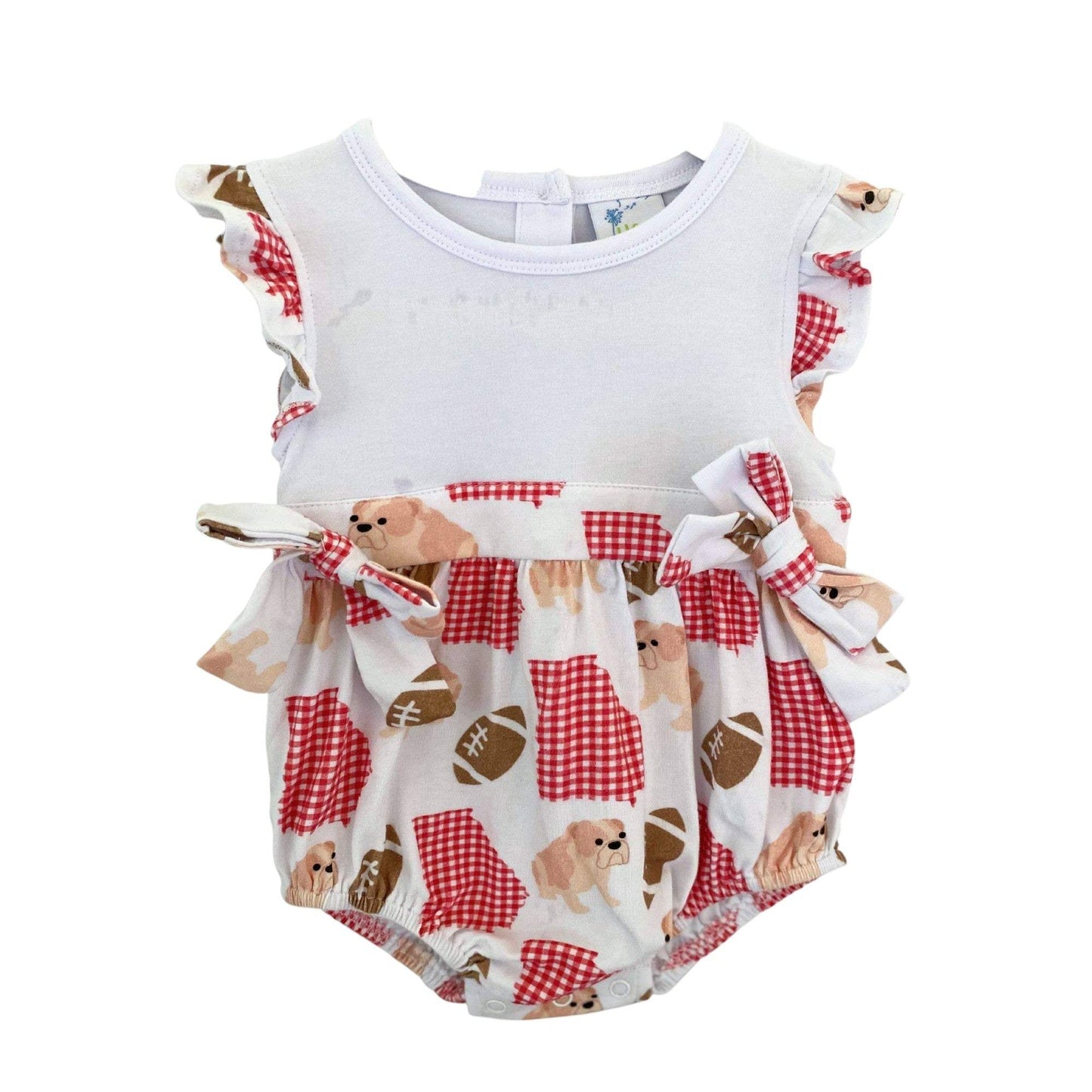 Little girl wearing Bulldog Football Bubble with Georgia gingham design, soft cotton blend, perfect for game day fun