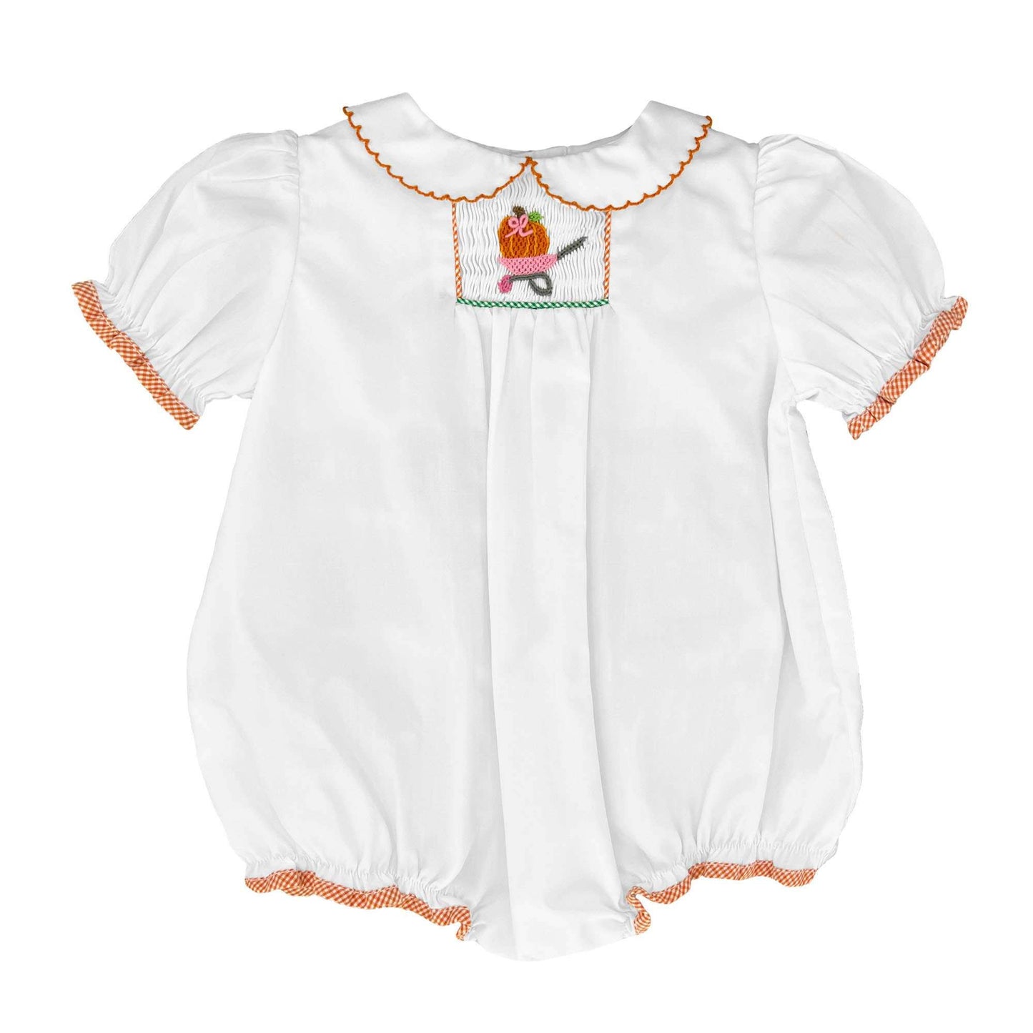 Baby girl wearing white picture smocked pumpkin bubble outfit with peter pan collar for fall