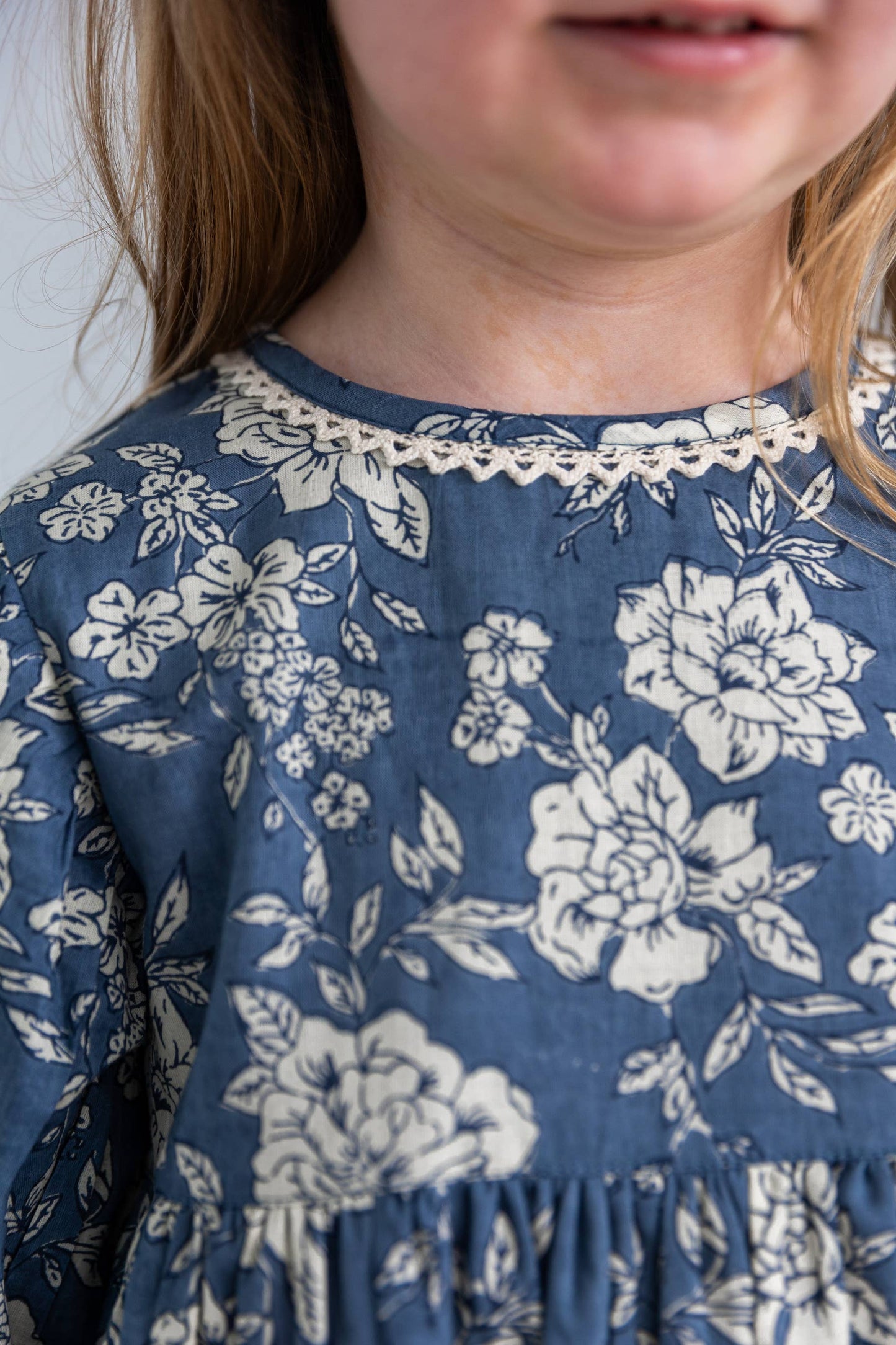 Grey Floral Printed Neck & Bottom Lace Long Sleeves Gathered