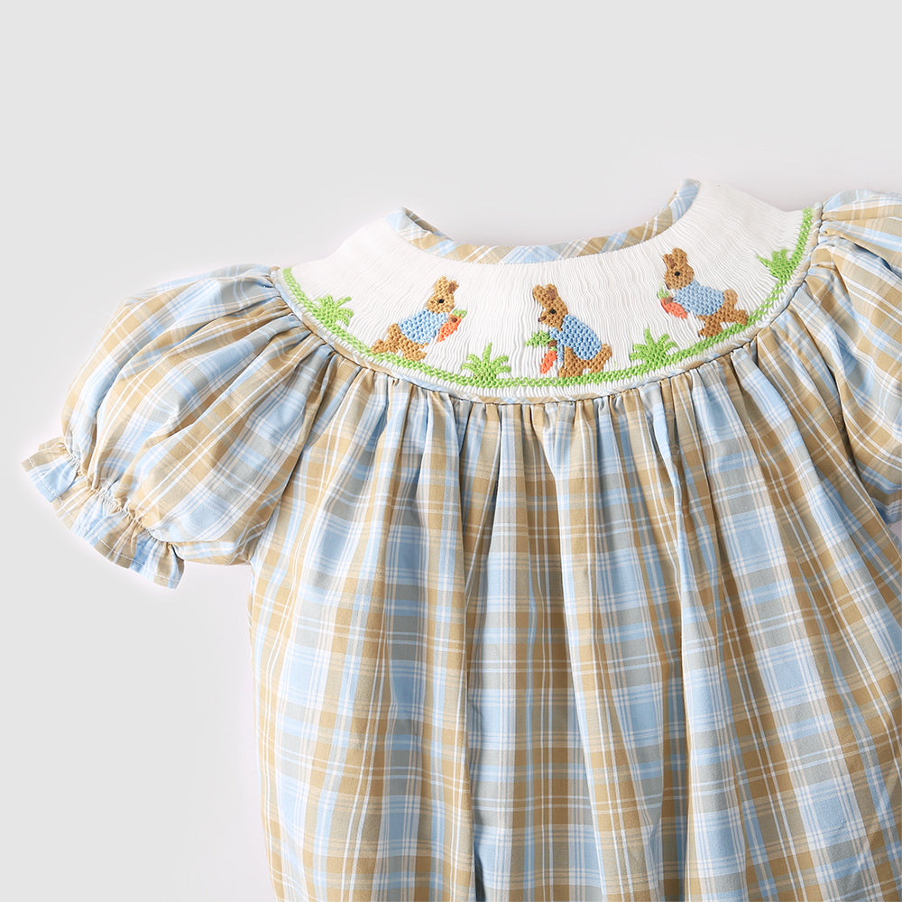 Handsmocked Baby girl bubble with cute bunny and carrot
