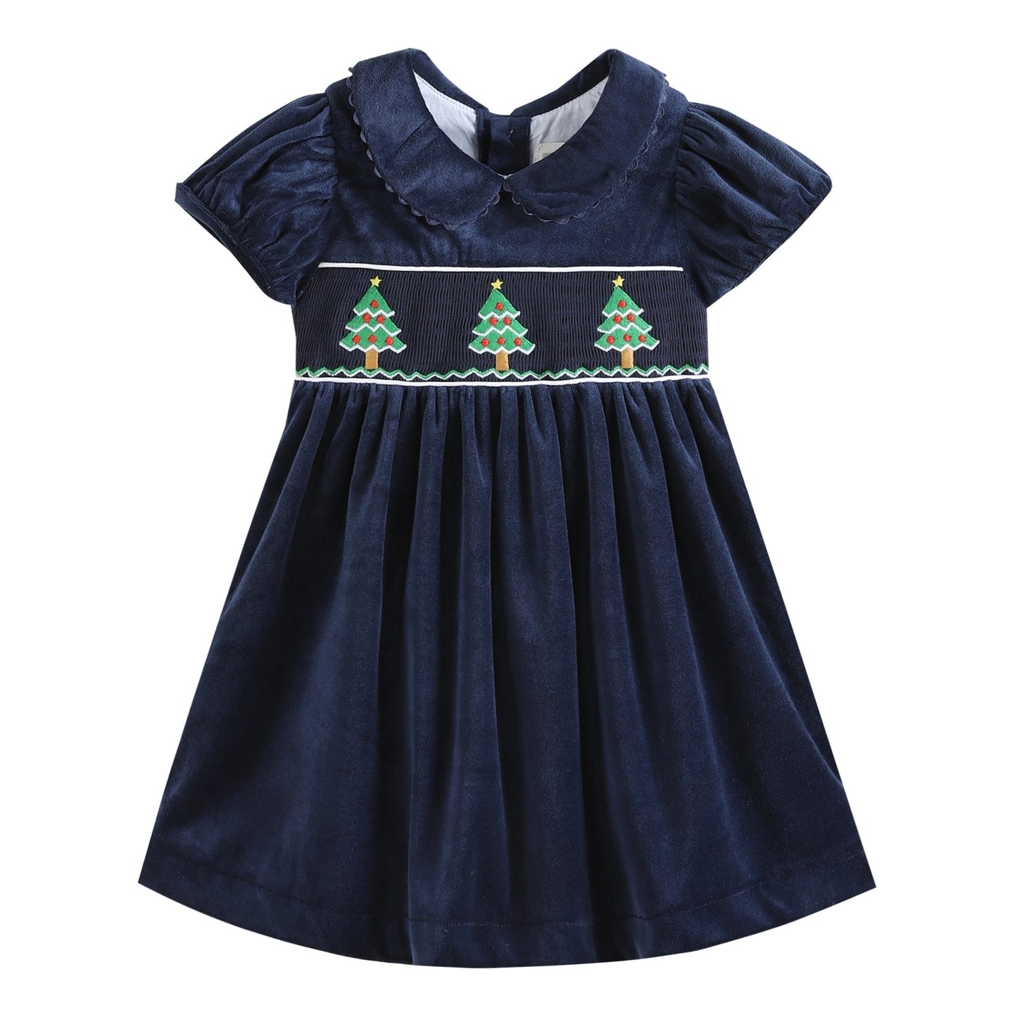 Blue Velour Christmas Tree Smocked Dress