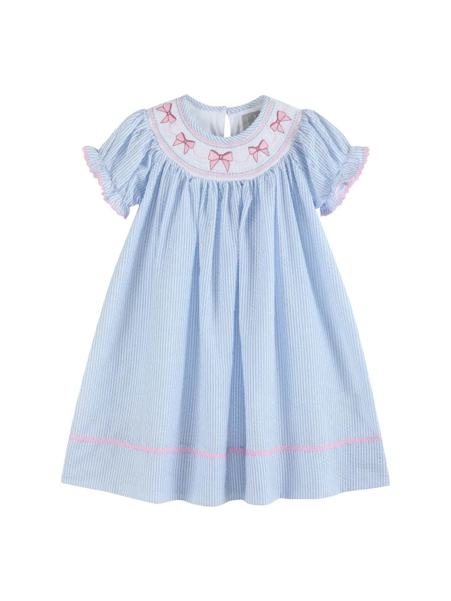 Blue Seersucker Bow Smocked Bishop Dress