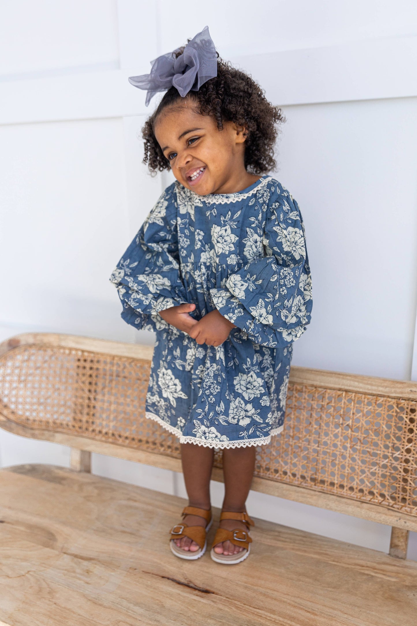 Grey Floral Printed Neck & Bottom Lace Long Sleeves Gathered