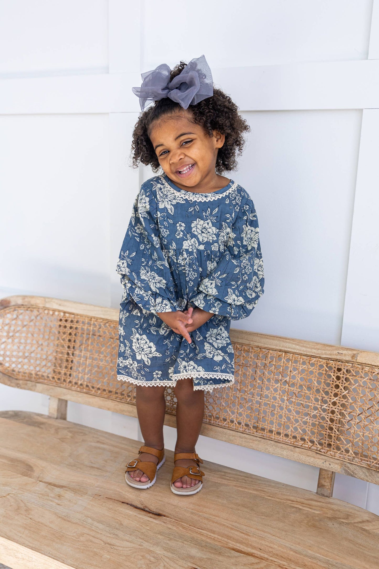 Grey Floral Printed Neck & Bottom Lace Long Sleeves Gathered