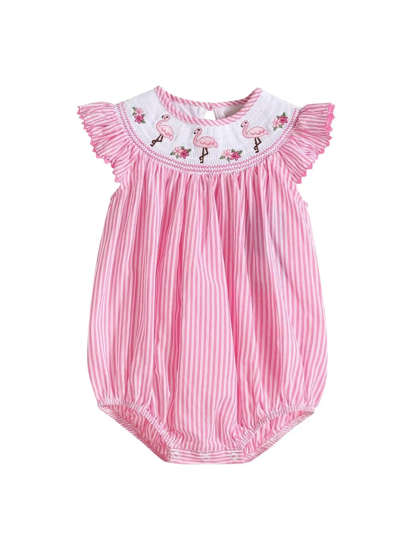 Pink Striped Flamingo Smocked Romper back
