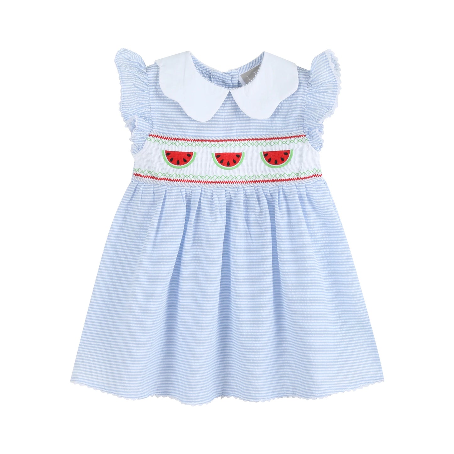 Blue Seersucker Watermelon Smocked A-Line Dress