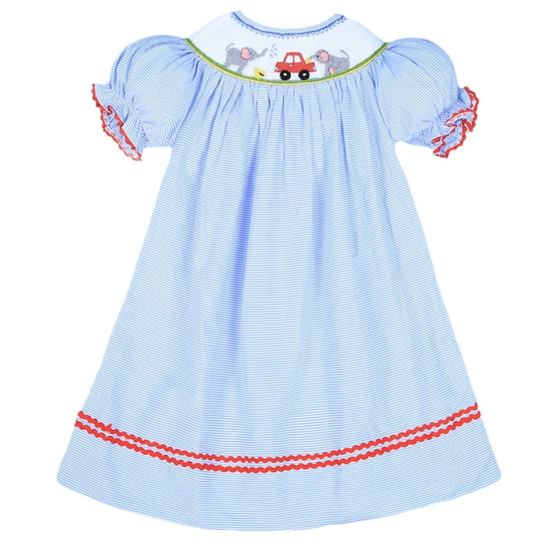 Cute elephant with car smocked bishop dress
