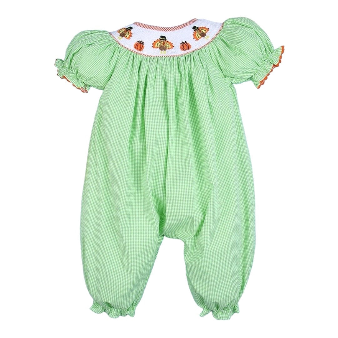 Smocked turkeys Thanksgiving lime gingham girl bubble