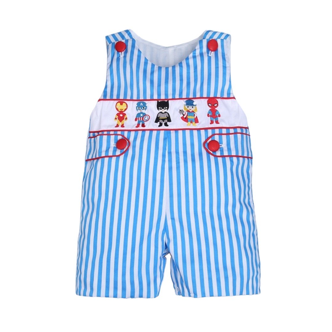 Boy shortall cute super heroes aqua stripe