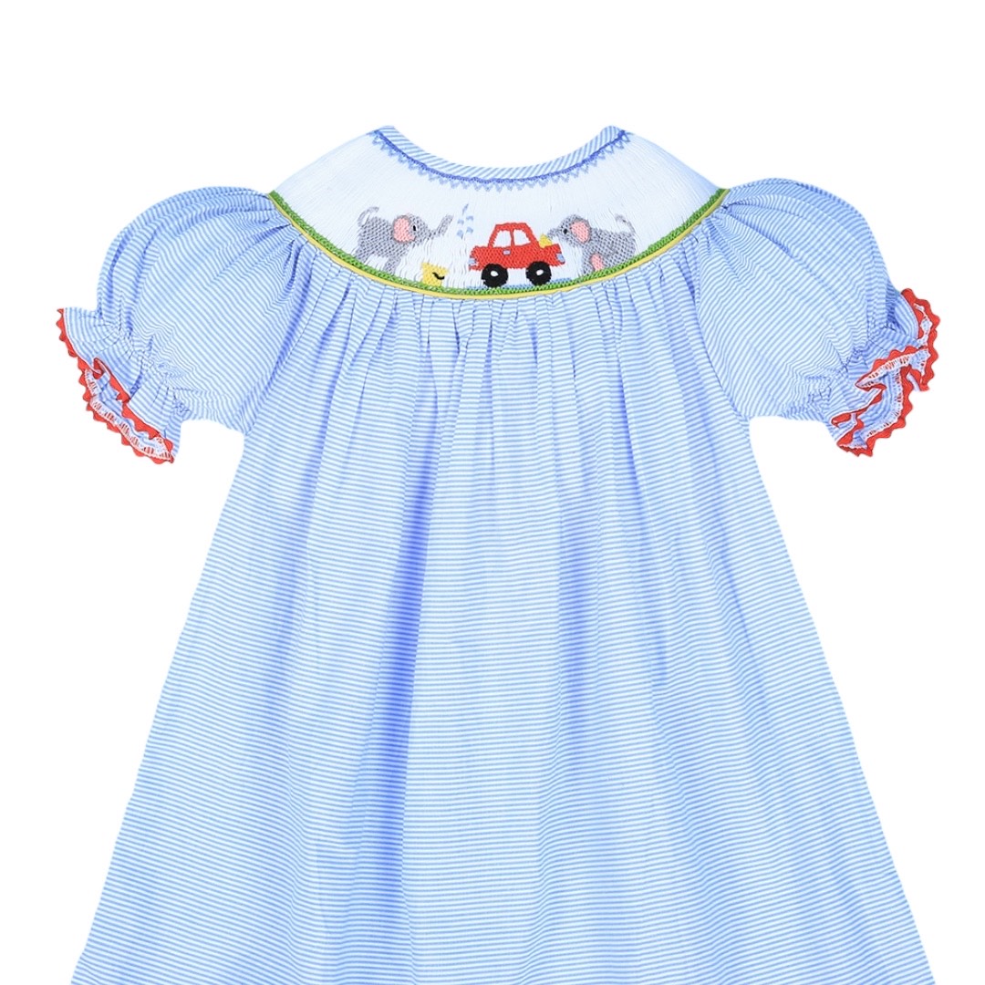 Cute elephant with car smocked bishop dress