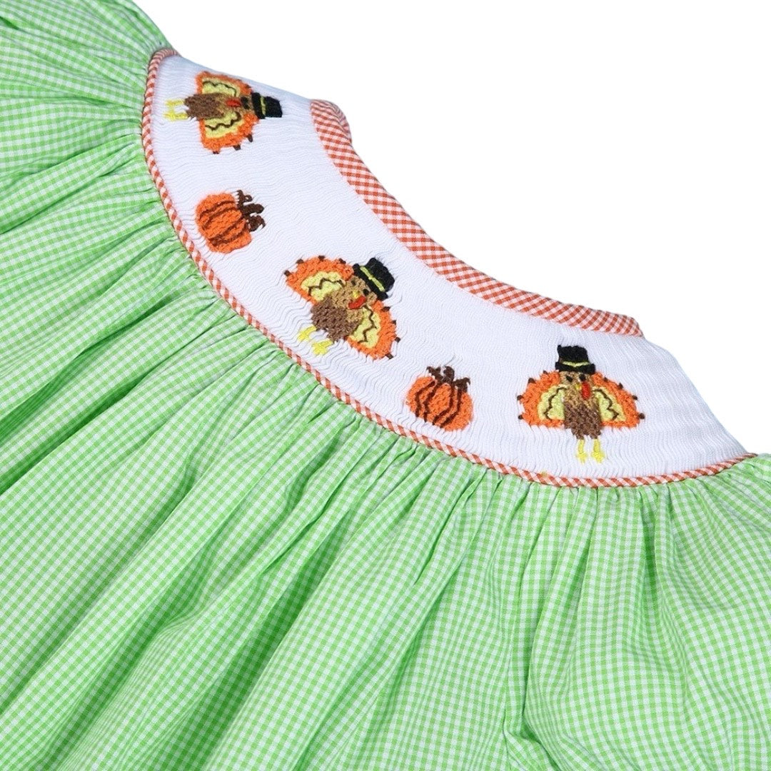 Smocked turkeys Thanksgiving lime gingham girl bubble