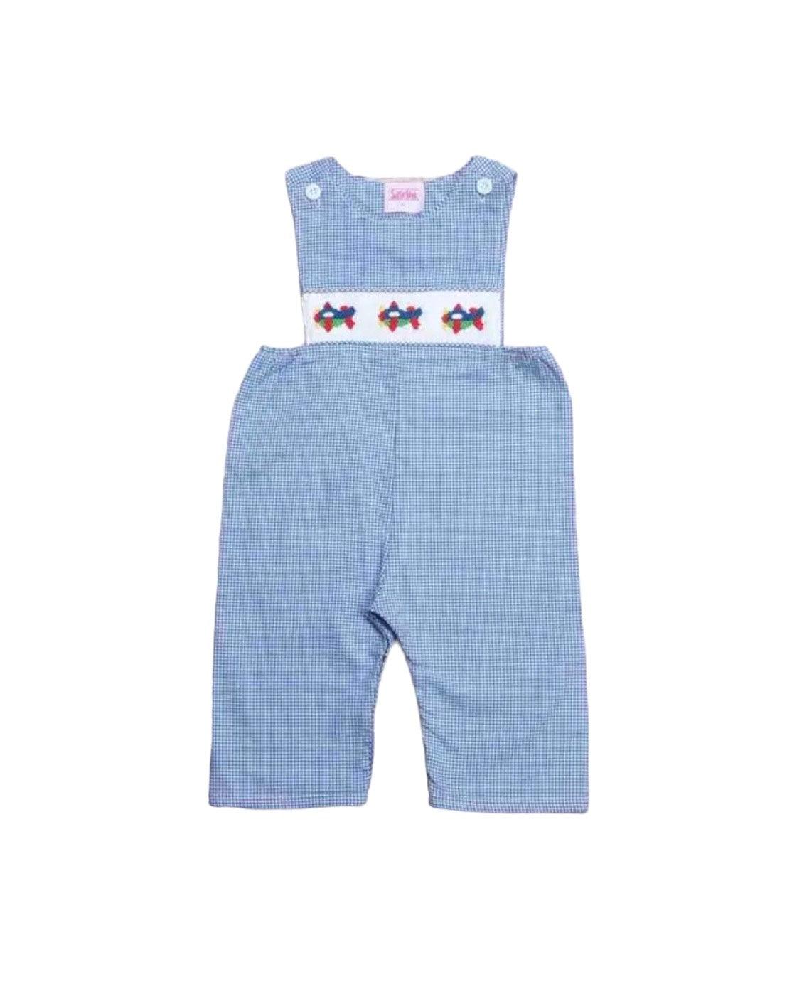 Blue Gingham Airplane Smocked Longall Jumpsuit