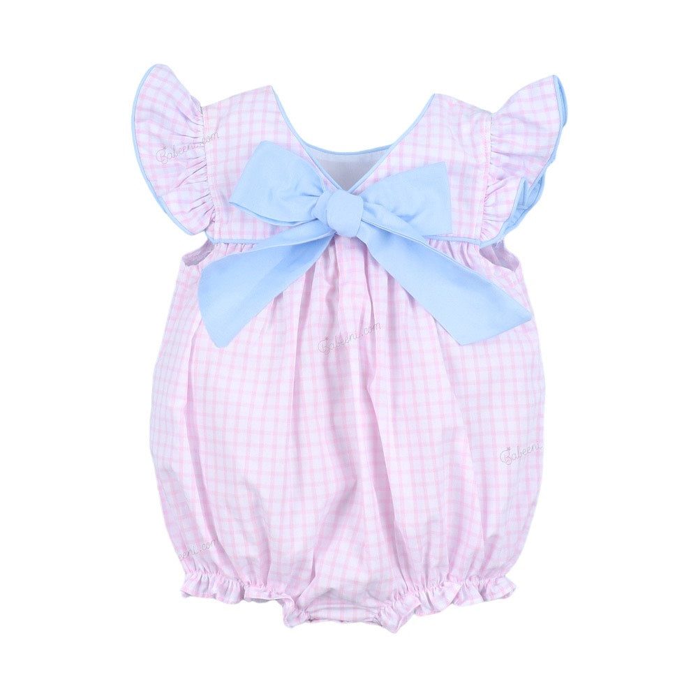 Pink gingham bubble with blue bow and piping back