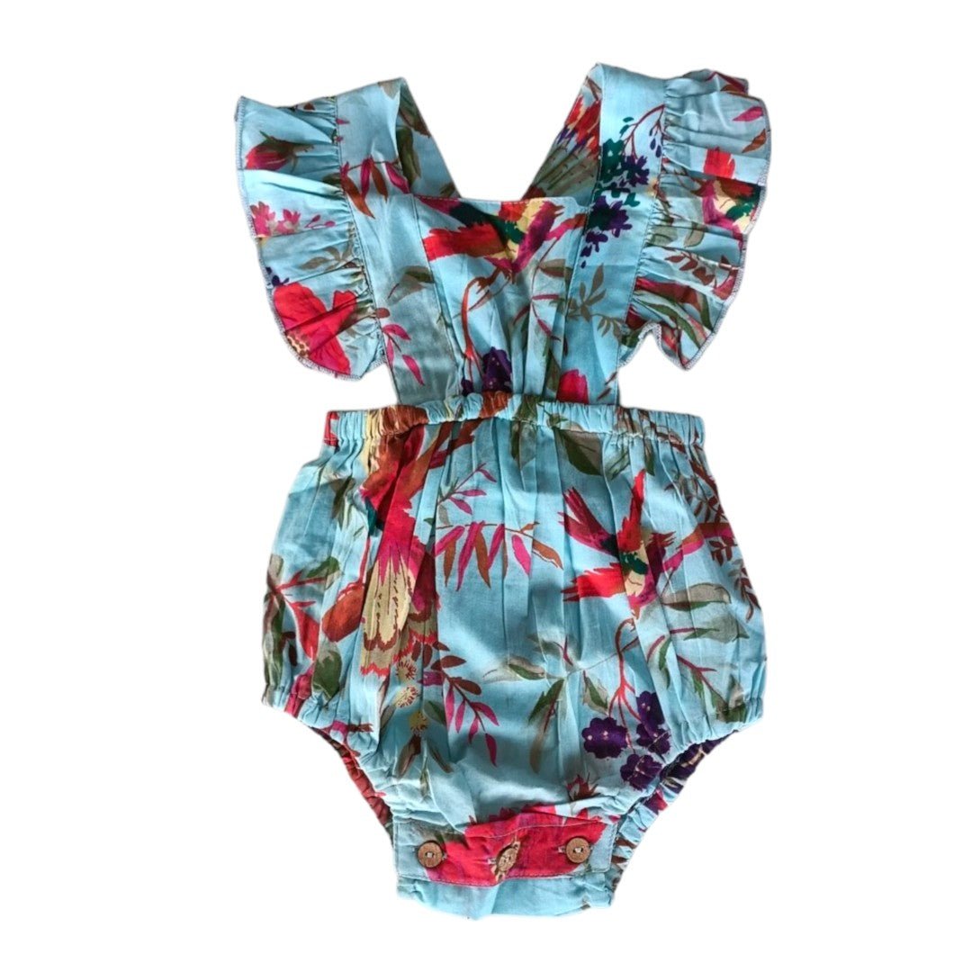 Turquoise Bird Printed Ruffled Gathered Romper