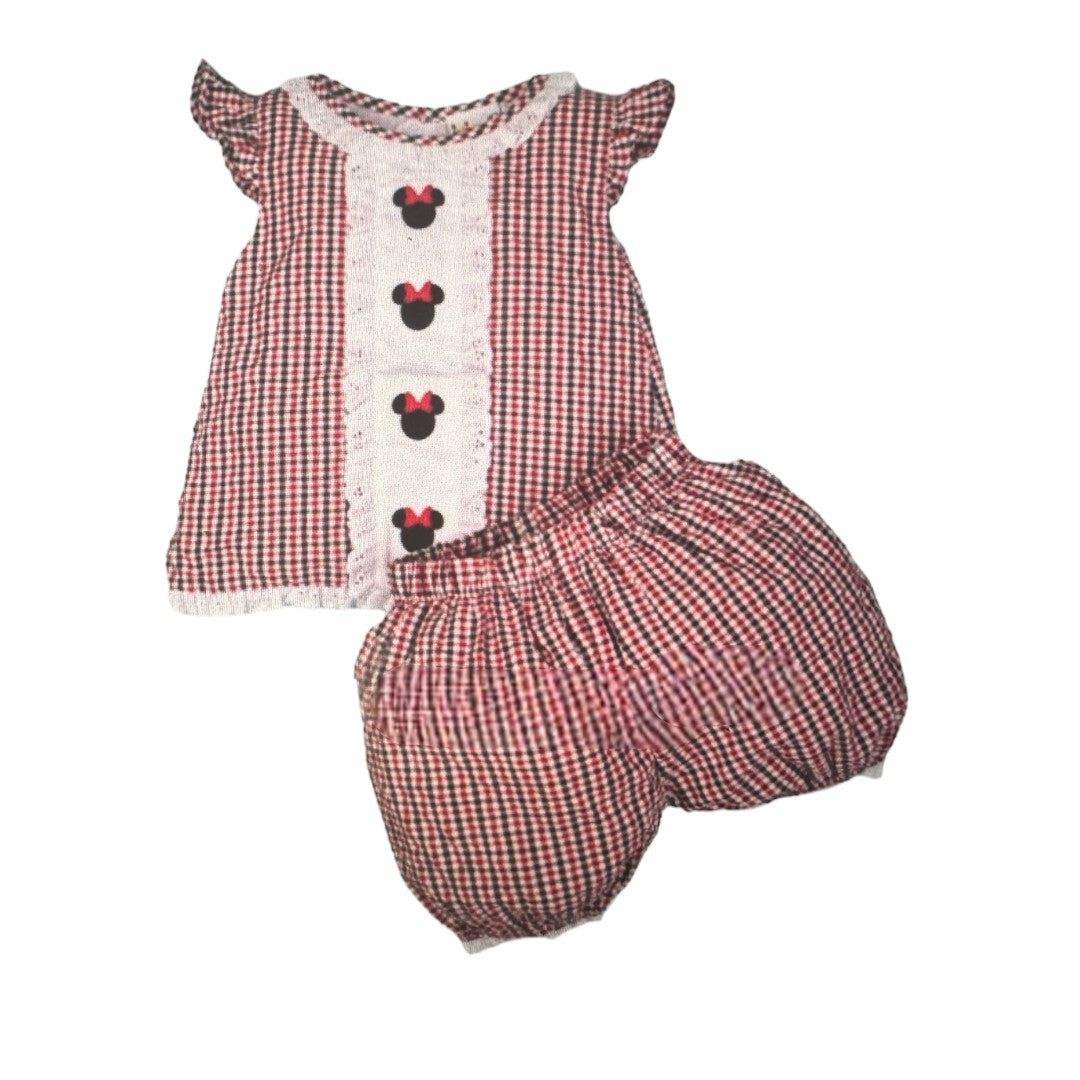 Miss mouse embroidered red and black seersucker set