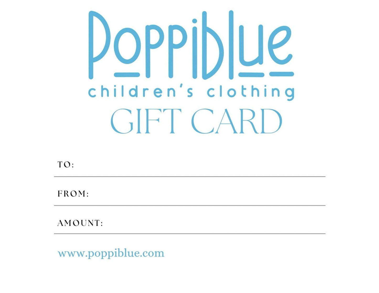 Poppiblue Gift Card for boutique children's clothing with customizable amount