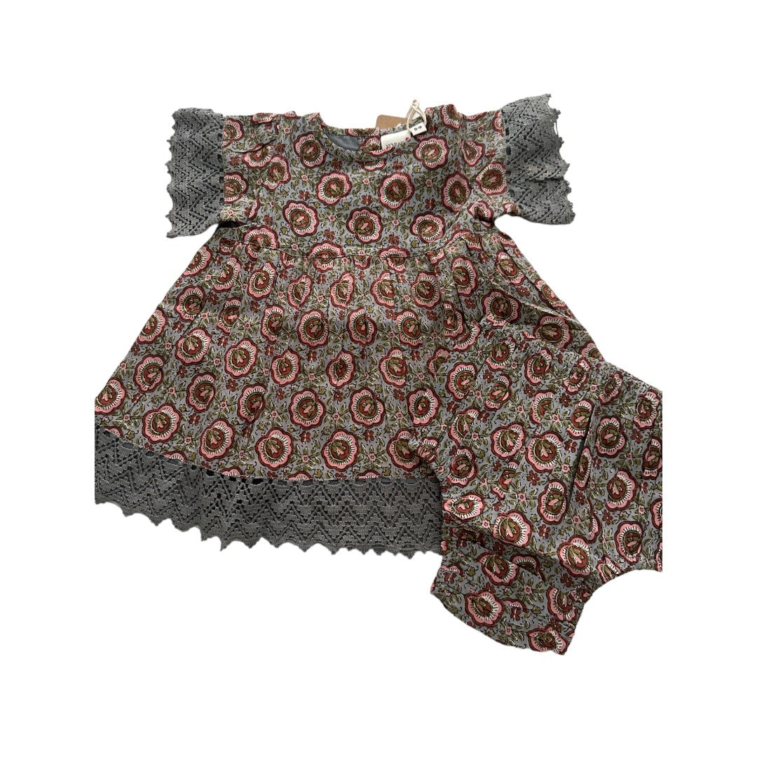 Grey Floral Printed Short Sleeves Gathered Dress