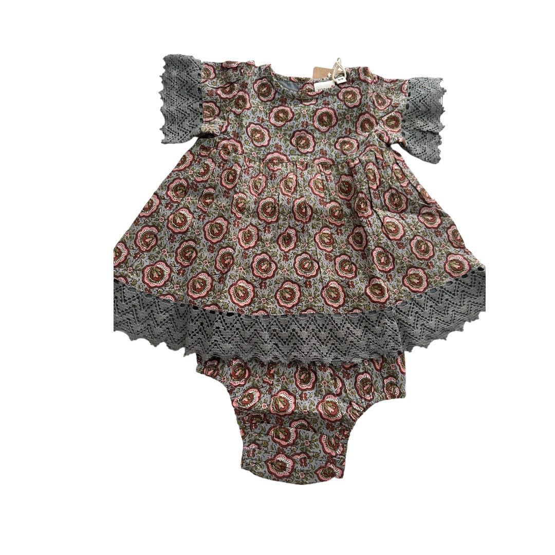 Grey Floral Printed Short Sleeves Gathered Dress