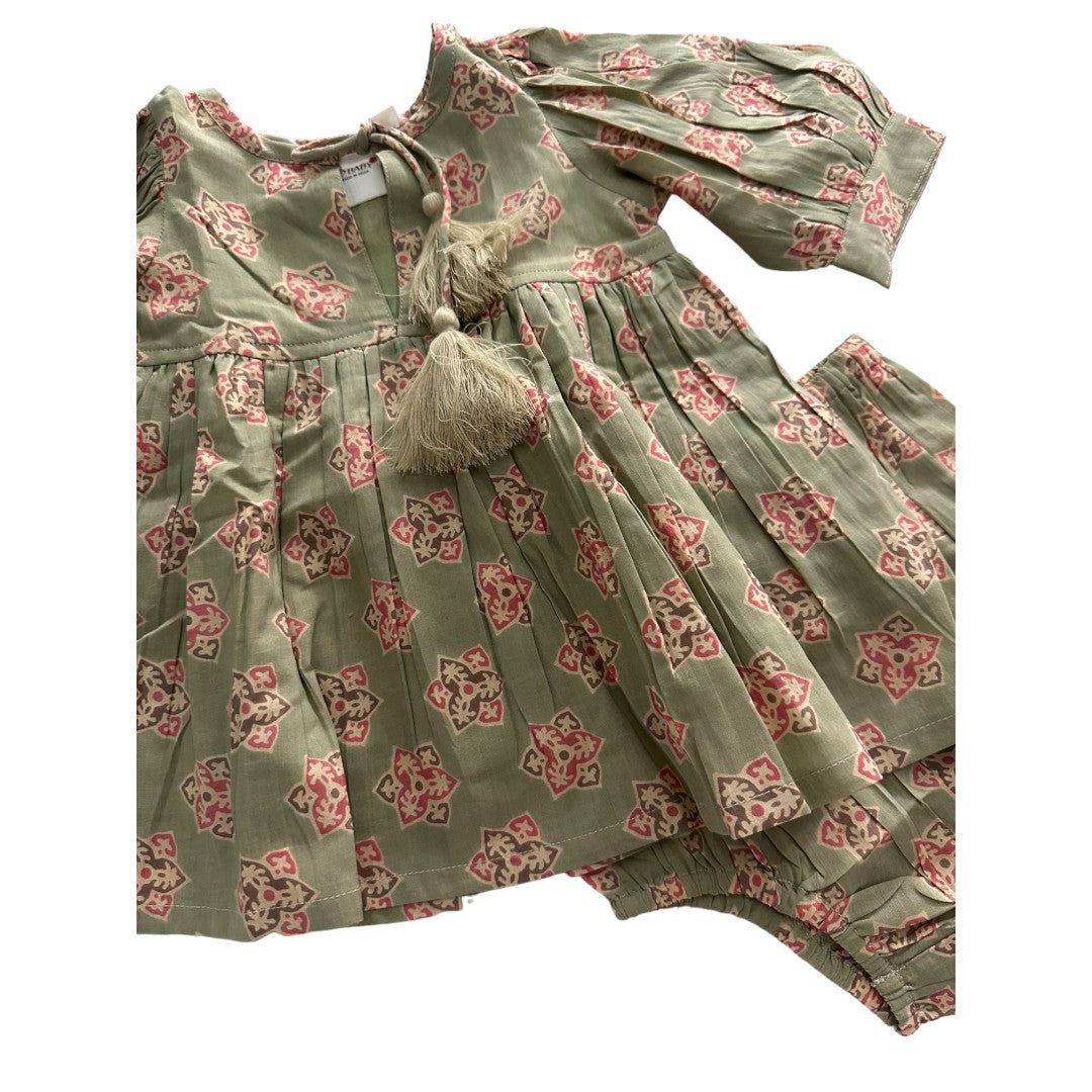 Sage-Green Floral Printed Sleeve Gathered Dress