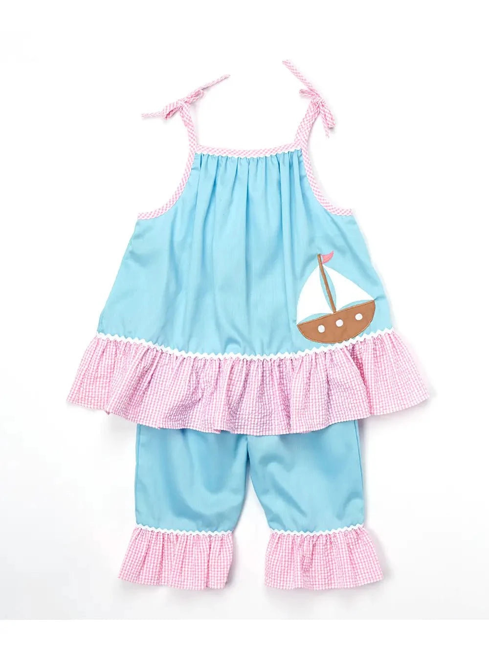 Pastel Summer boat Applique Top & Capri Set