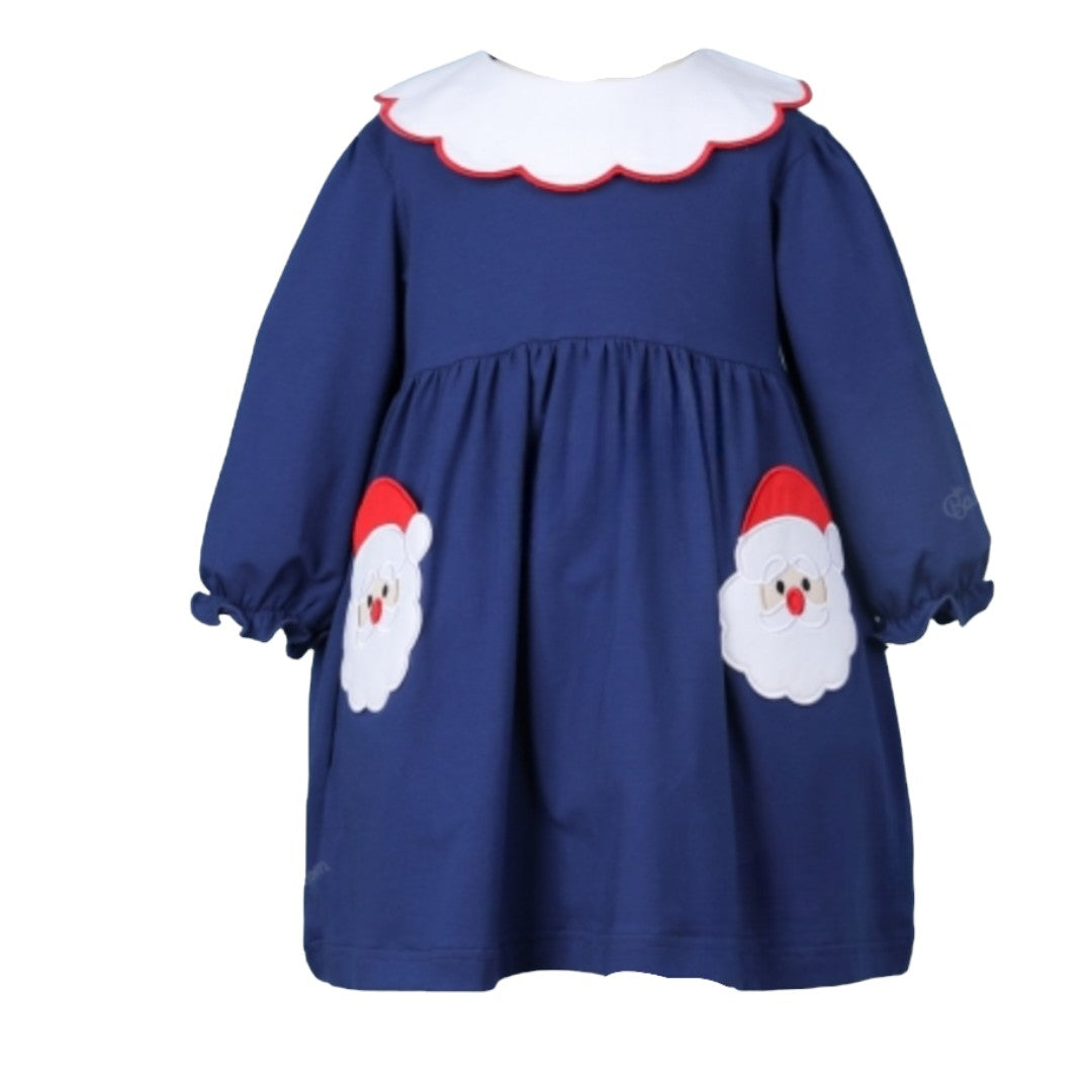 Girl Navy Dress Christmas Santa Embroidered