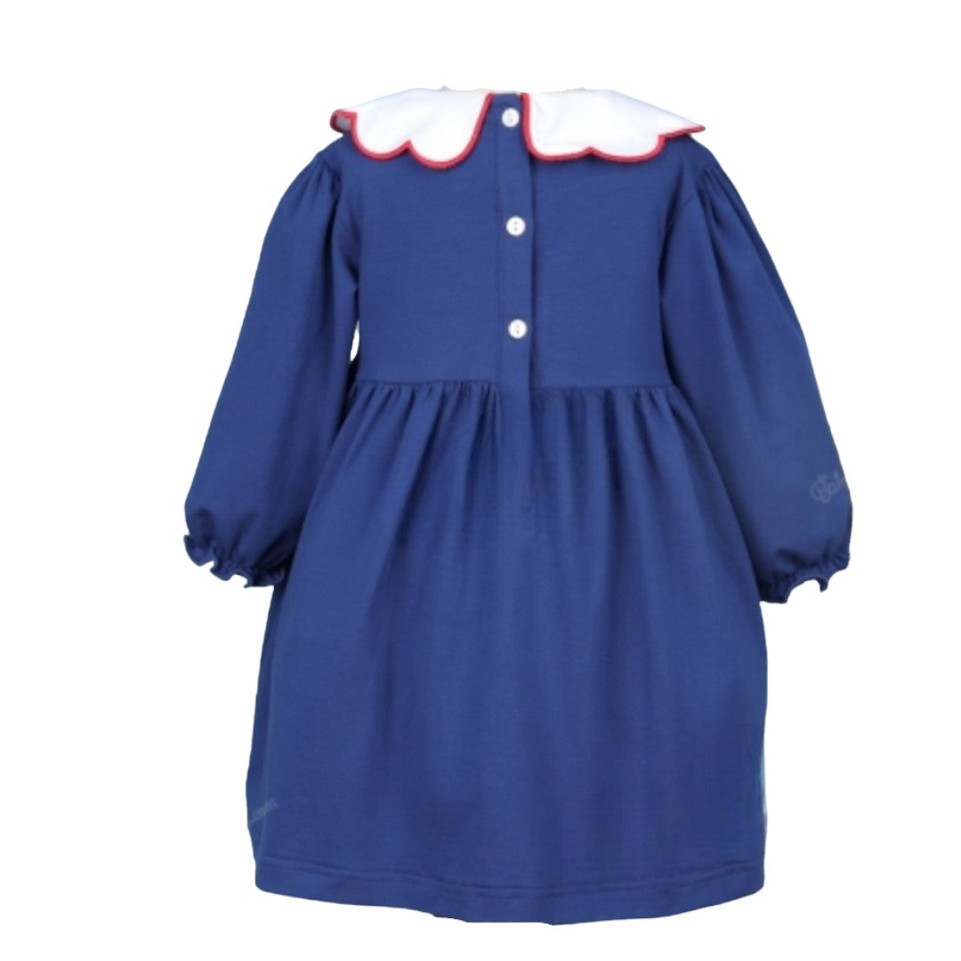 Girl Navy Dress Christmas Santa Embroidered