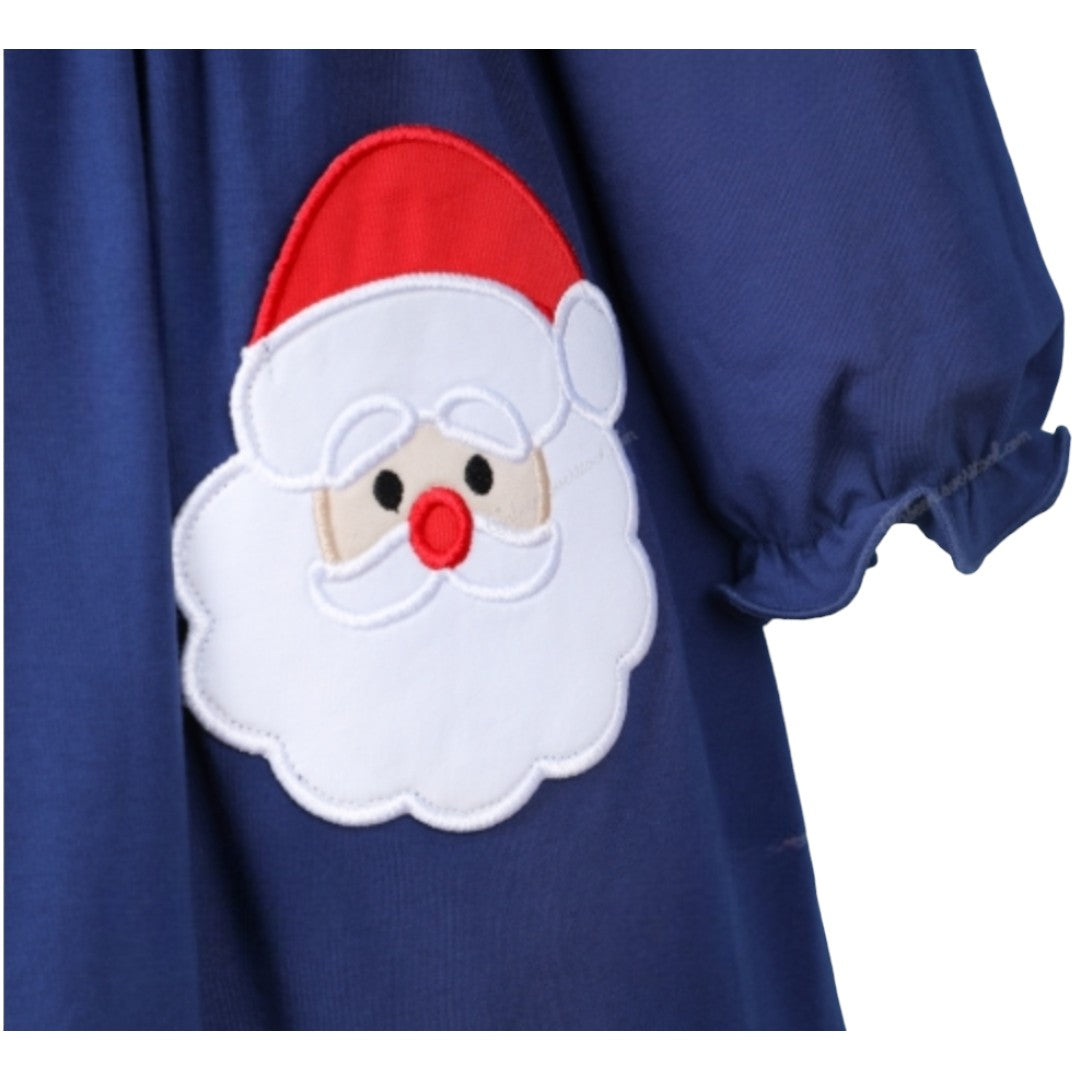 Girl Navy Dress Christmas Santa Embroidered