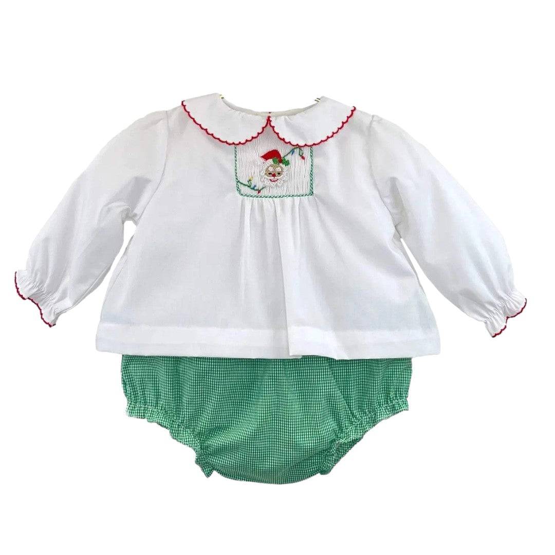 Santa Smocked green gingham Bloomer Set