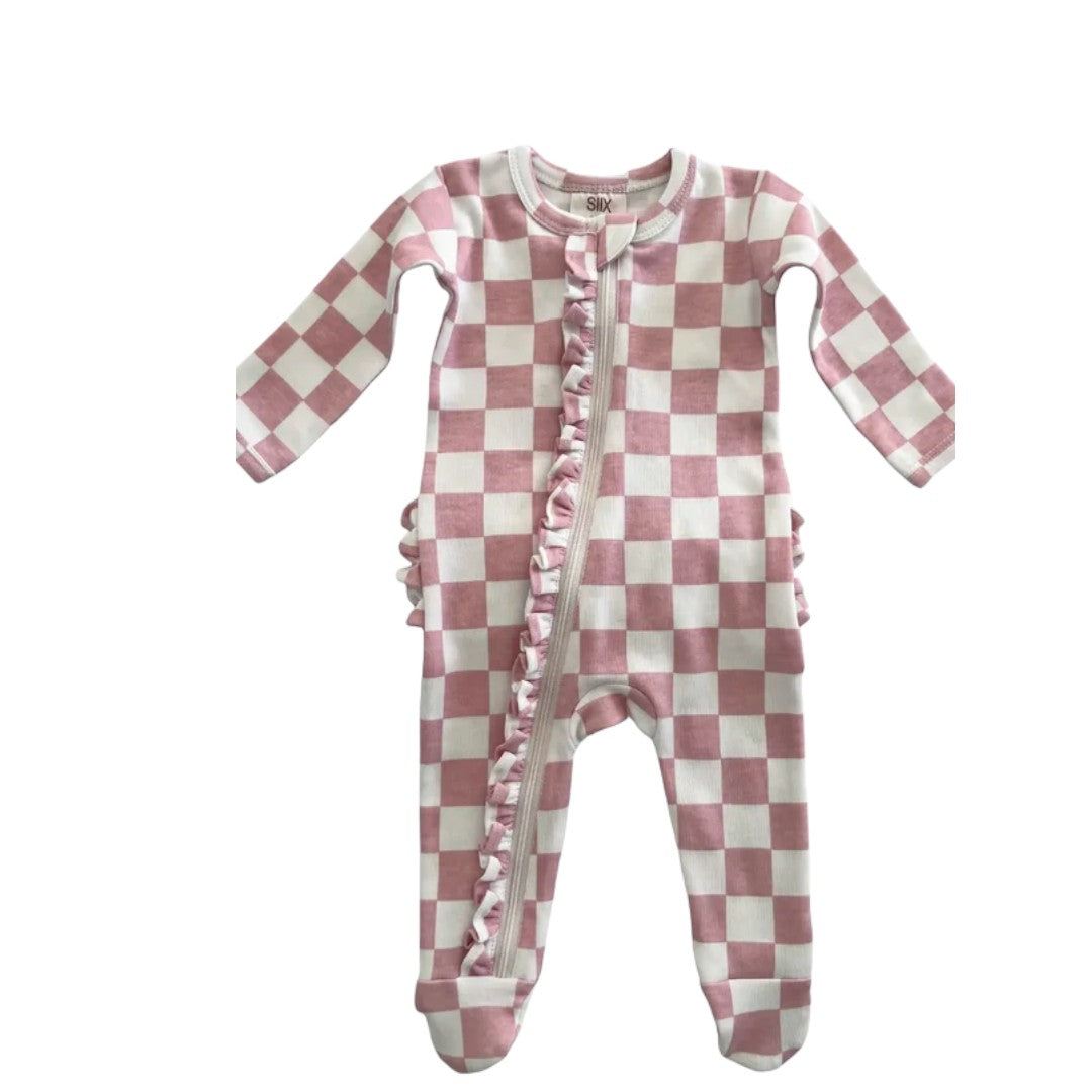 Strawberry Shortcake Checkerboard / Organic Frill Zip Footie