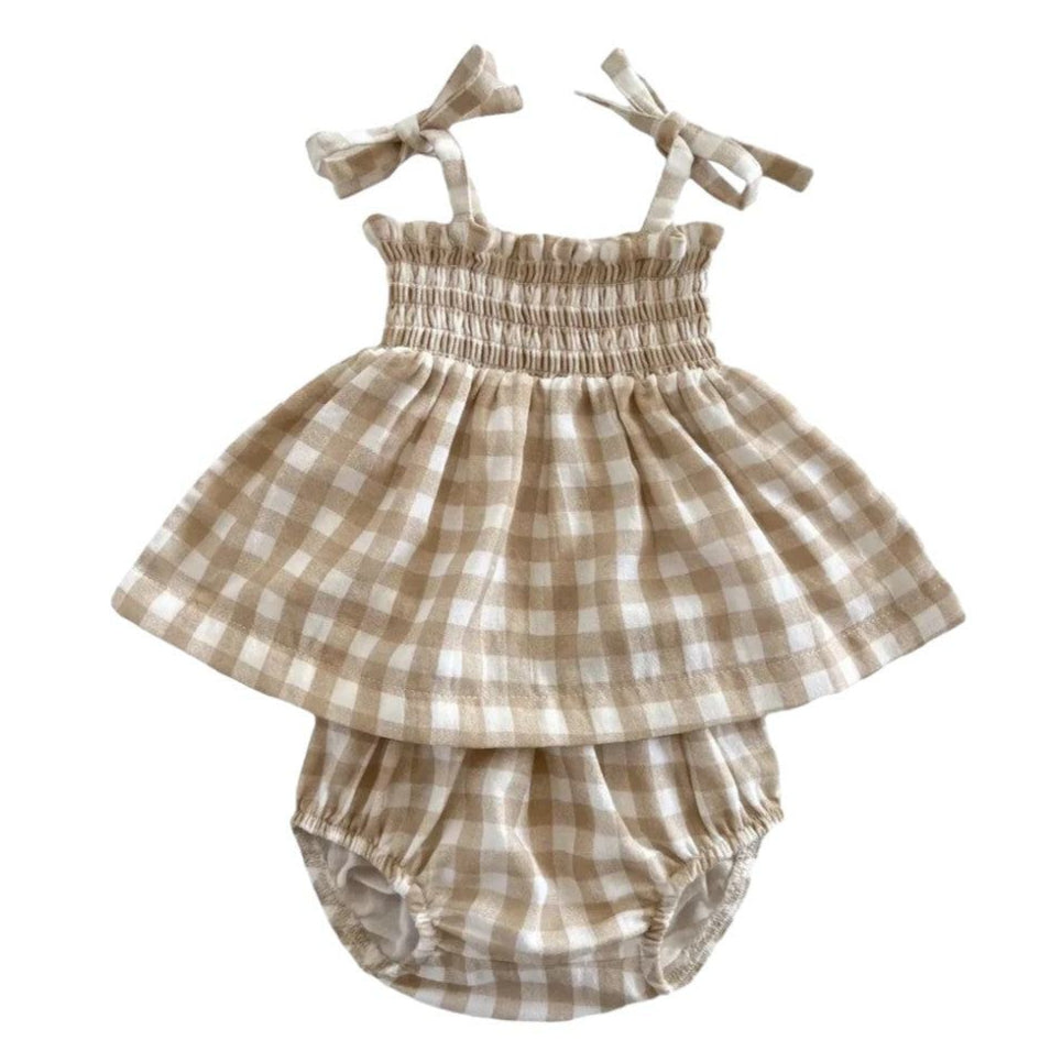 Tan Gingham / Organic Smocked Ruffle Bubble