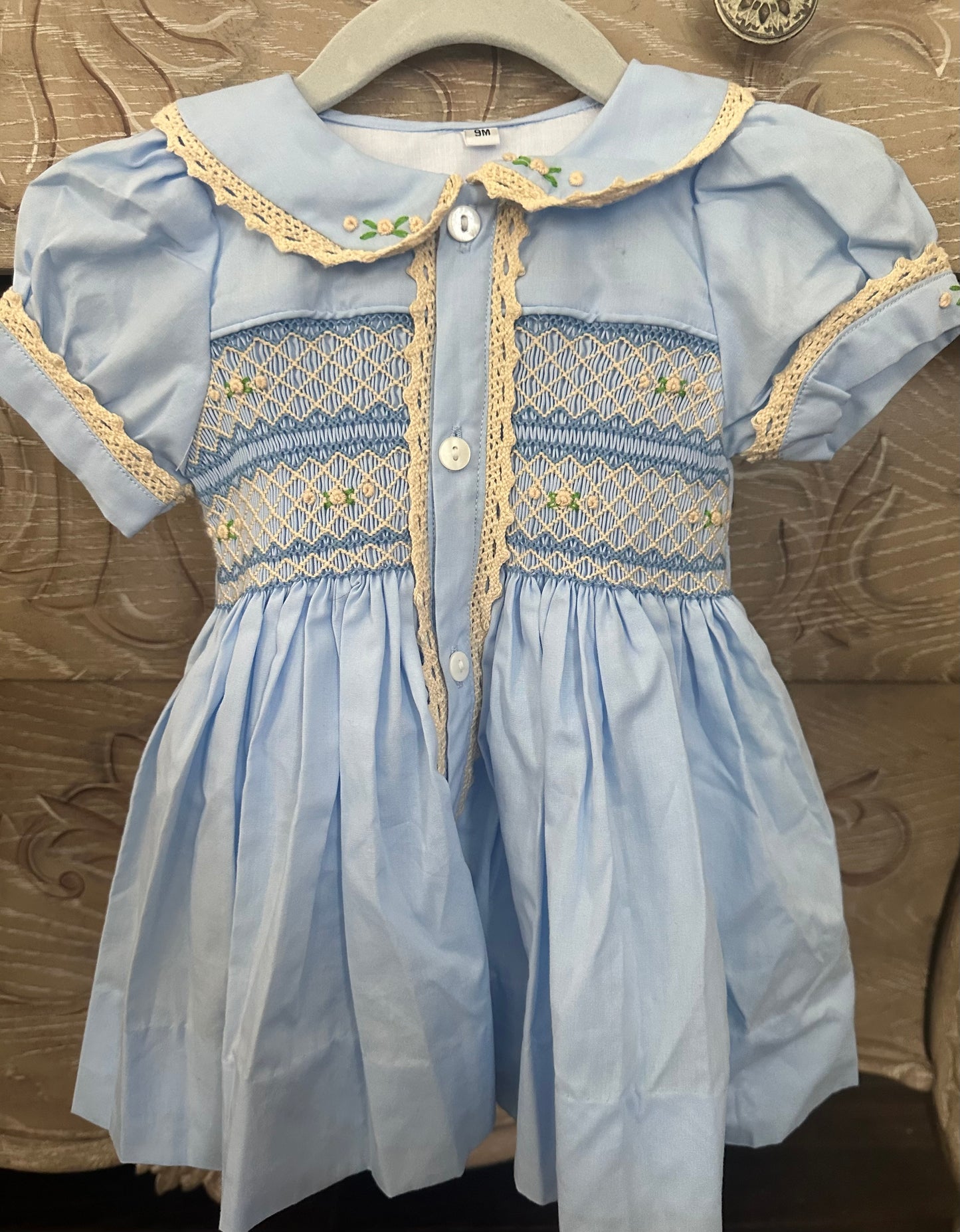 Blue Heirloom Handsmocked Dress with Bow
