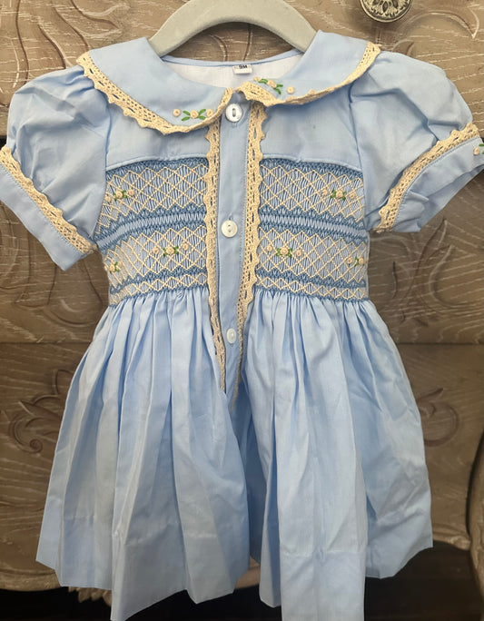Blue Heirloom Handsmocked Dress with Bow