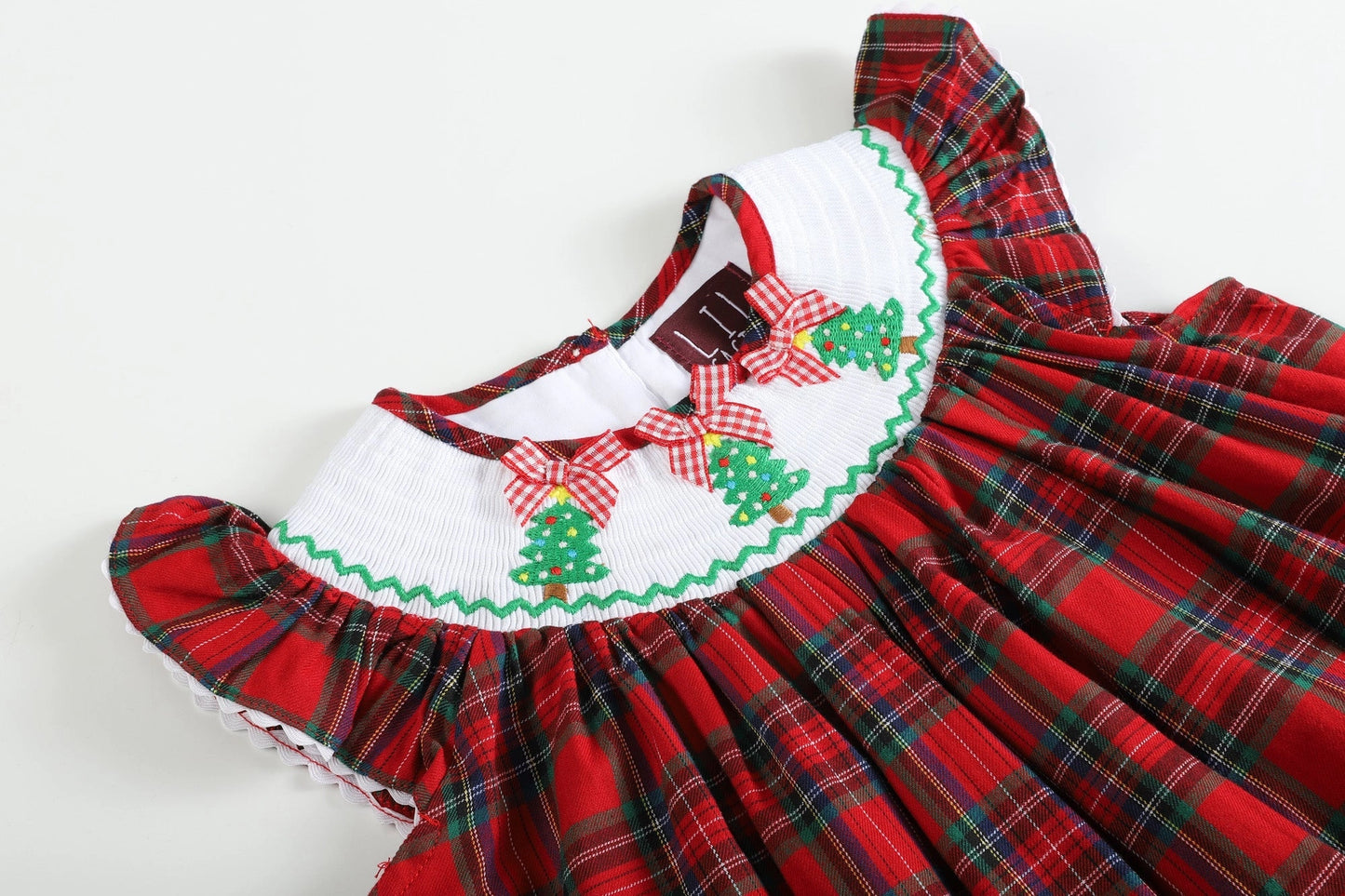 Red and Green Plaid Christmas Tree Smocked Bishop Dress