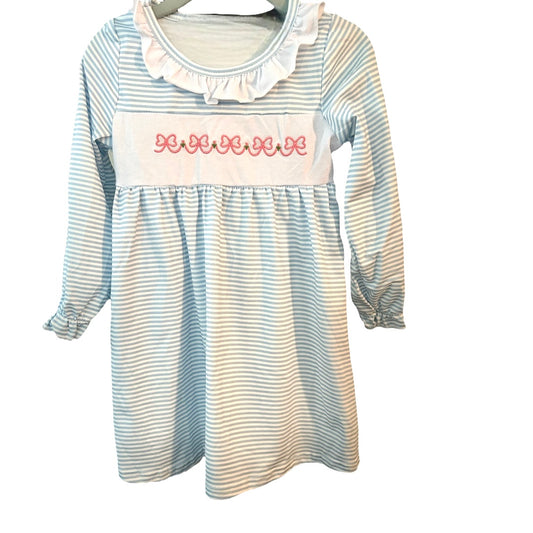 Blue Stripe Long Sleeve Dress with Pink Bow Embroidery